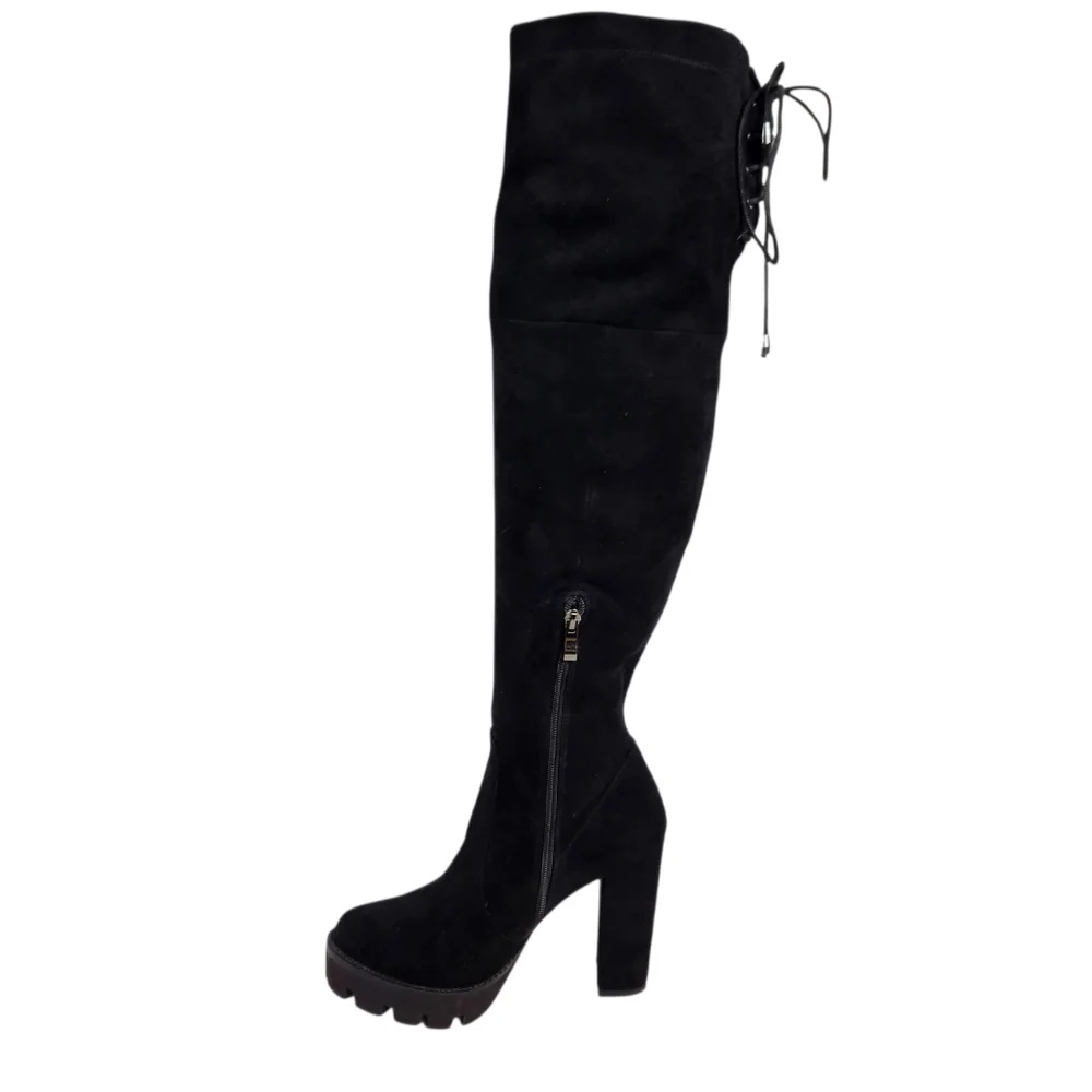 Isnom Black Suede Leather Chunky Lug Sole Over The Knee Tall Boot Women Size 9.5